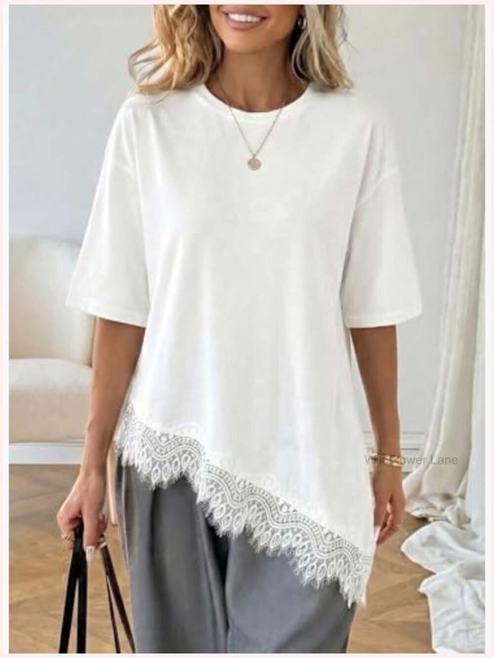 Crew Neck Half Sleeve T-Shirt Asymmetrical Hem Lace Patchwork Loose Fit Top - Picture 2 of 7
